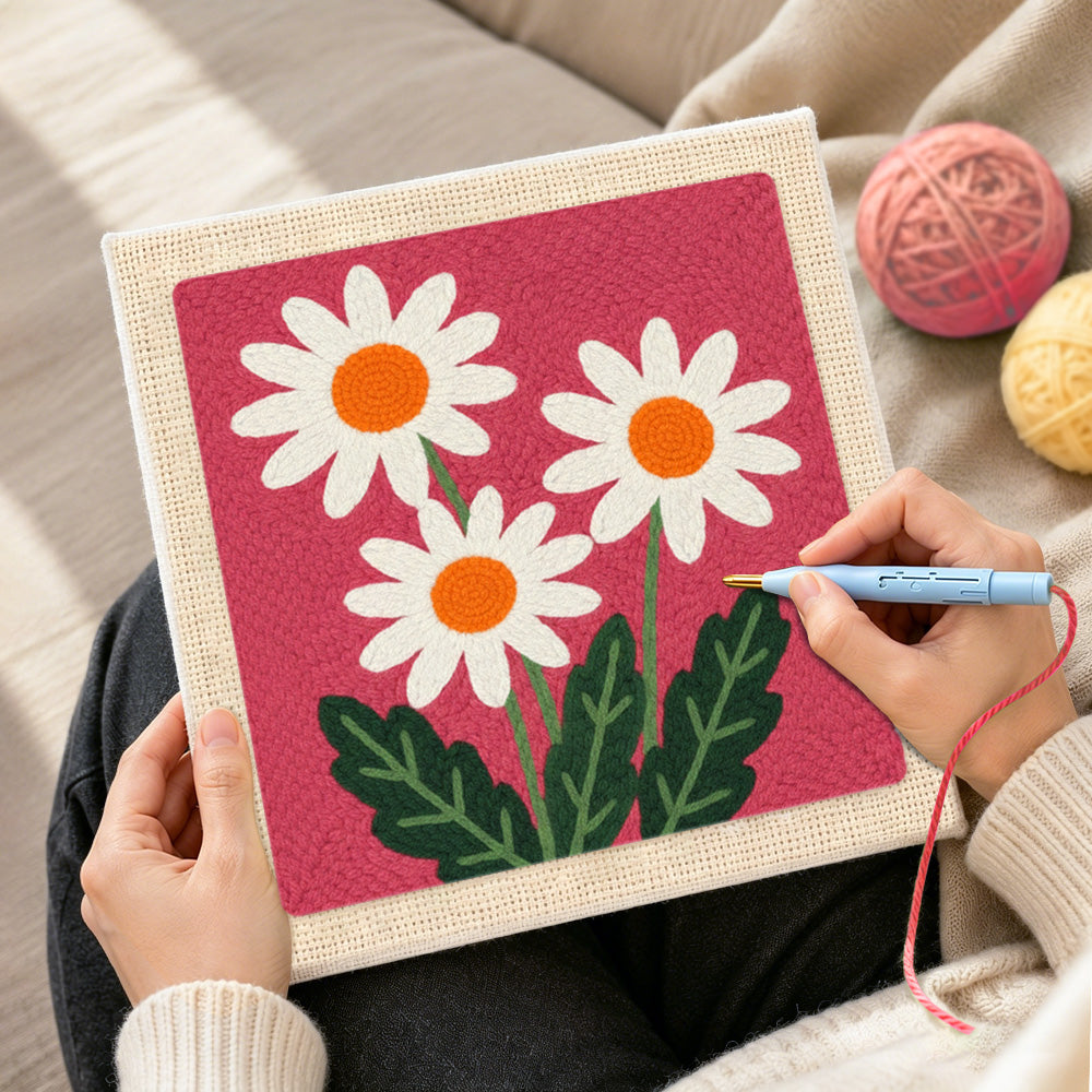 Creating handmade three simple daisy flowers punch needle artwork