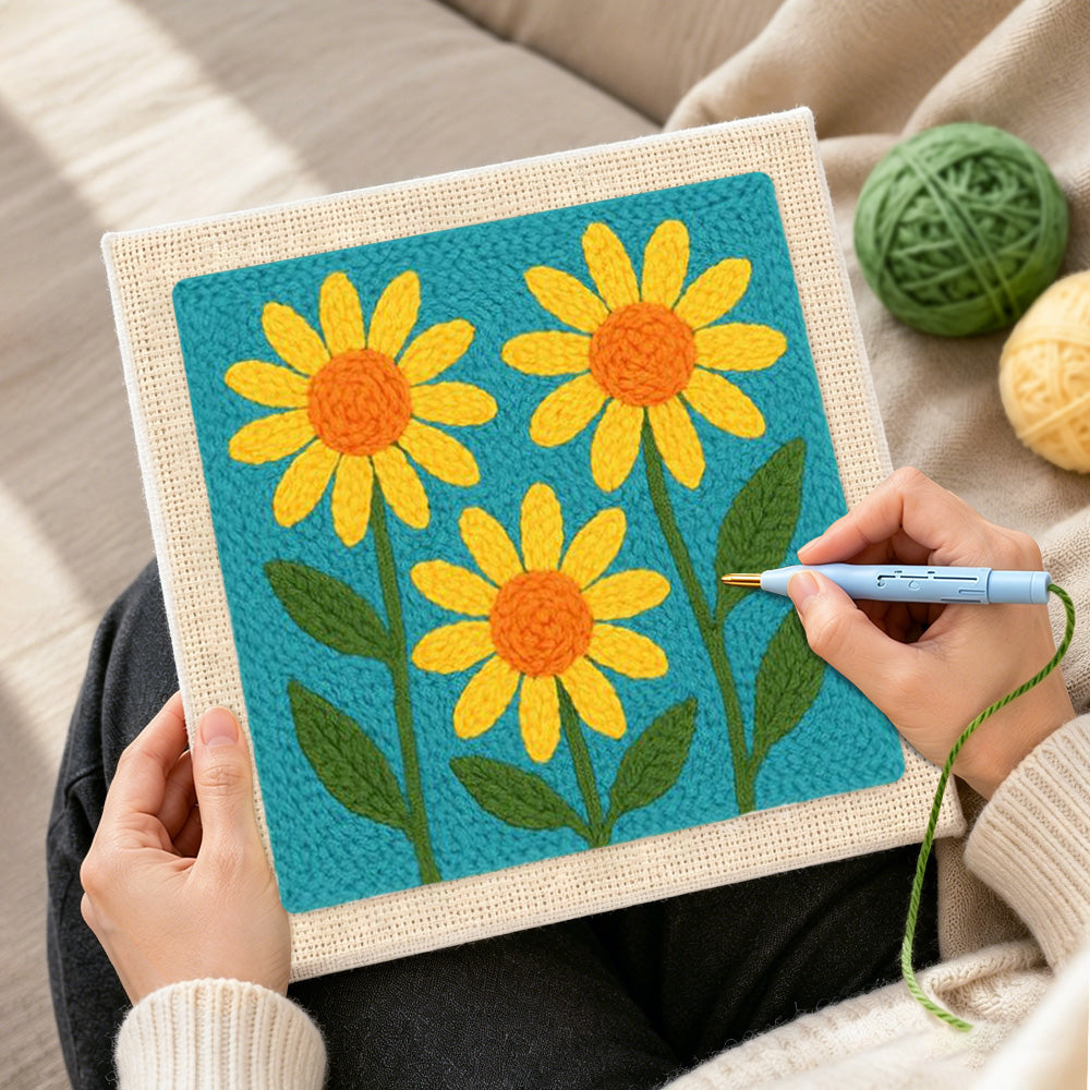 Creating handmade three simple yellow sunflowers punch needle artwork