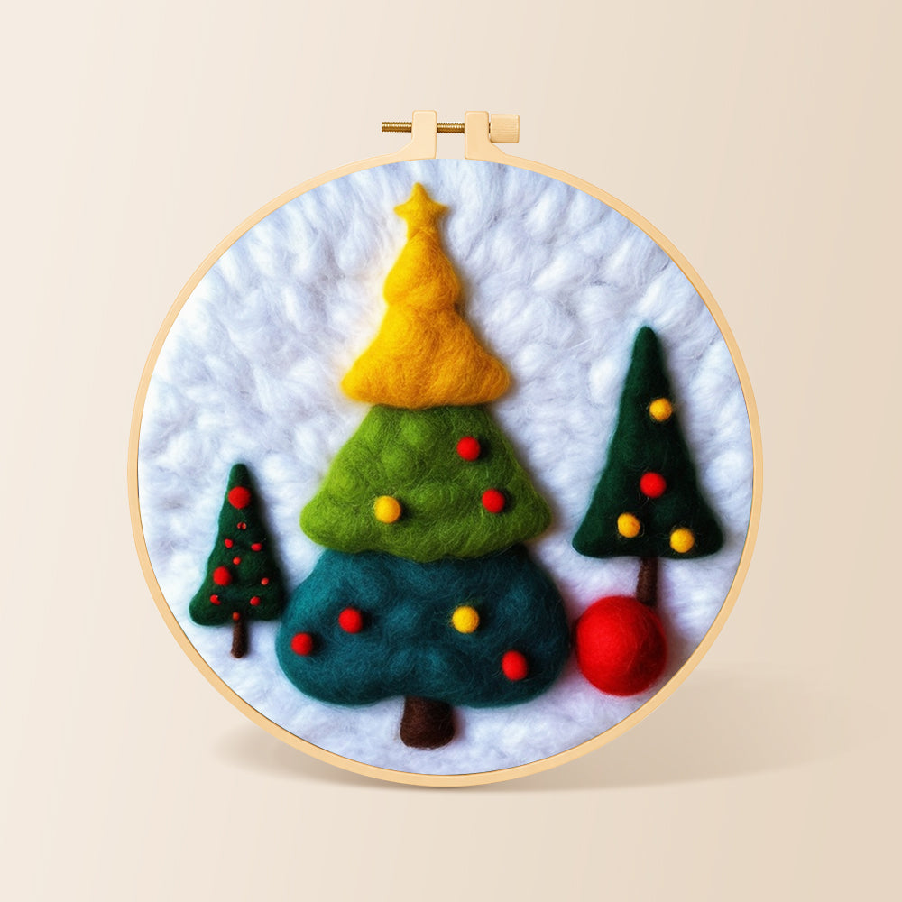 Three tiered christmas trees needle felting kit for beginners with a round wooden frame
