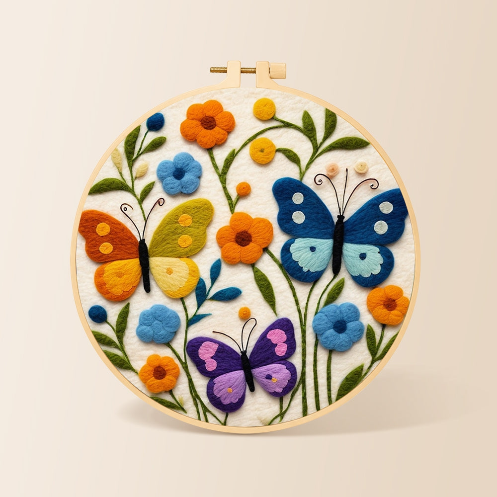 Three whimsical butterflies among flowers needle felting kit for beginners with a round wooden frame