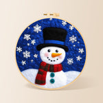Top hat snowman with falling snowflakes needle felting kit for beginners with a round wooden frame