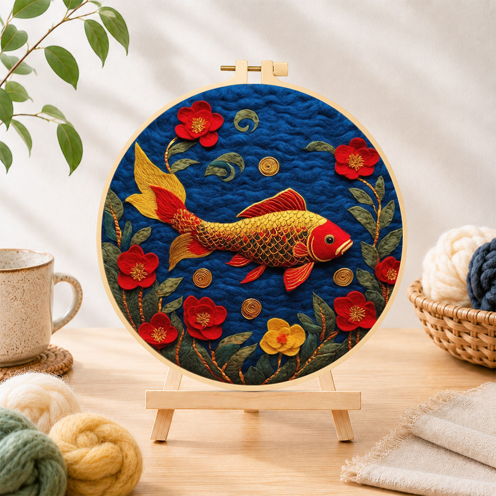 Finished traditional koi fish and gorgeous flowers needle felting displayed on a wooden easel