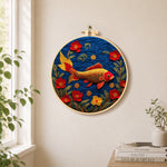 Traditional koi fish and gorgeous flowers needle felt wall art displayed in a bright home interior