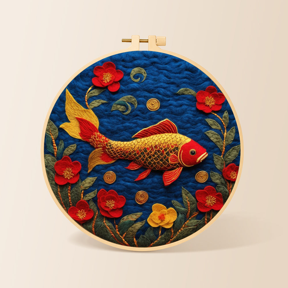 Traditional koi fish and gorgeous flowers needle felting kit for beginners with a round wooden frame