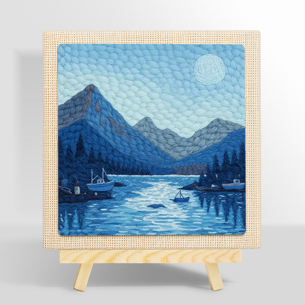 Tranquil blue fjord and boats punch needle kit for beginners