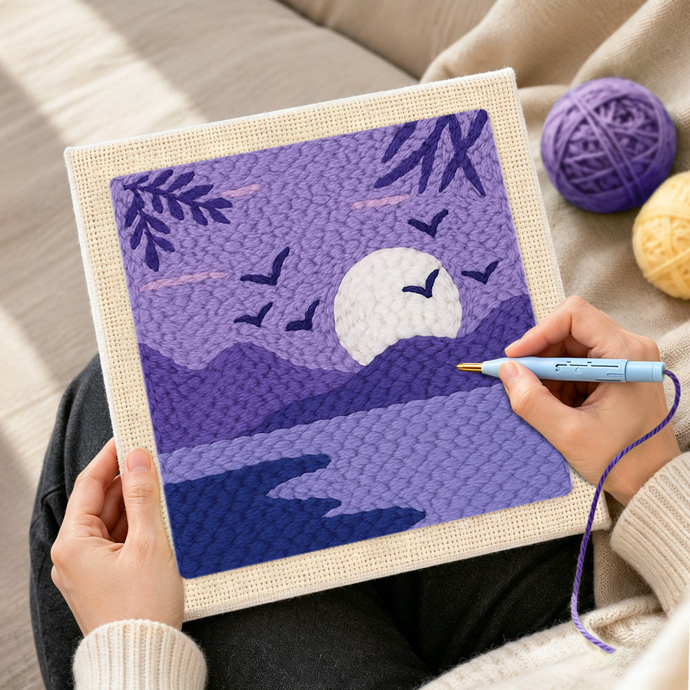 Creating handmade tranquil purple lake view punch needle artwork