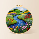 Tranquil river, wildflowers and meadow needle felting kit for beginners with a round wooden frame