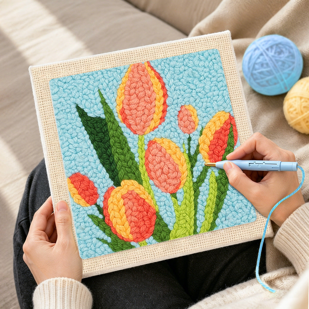 Creating handmade tricolor tulips punch needle artwork