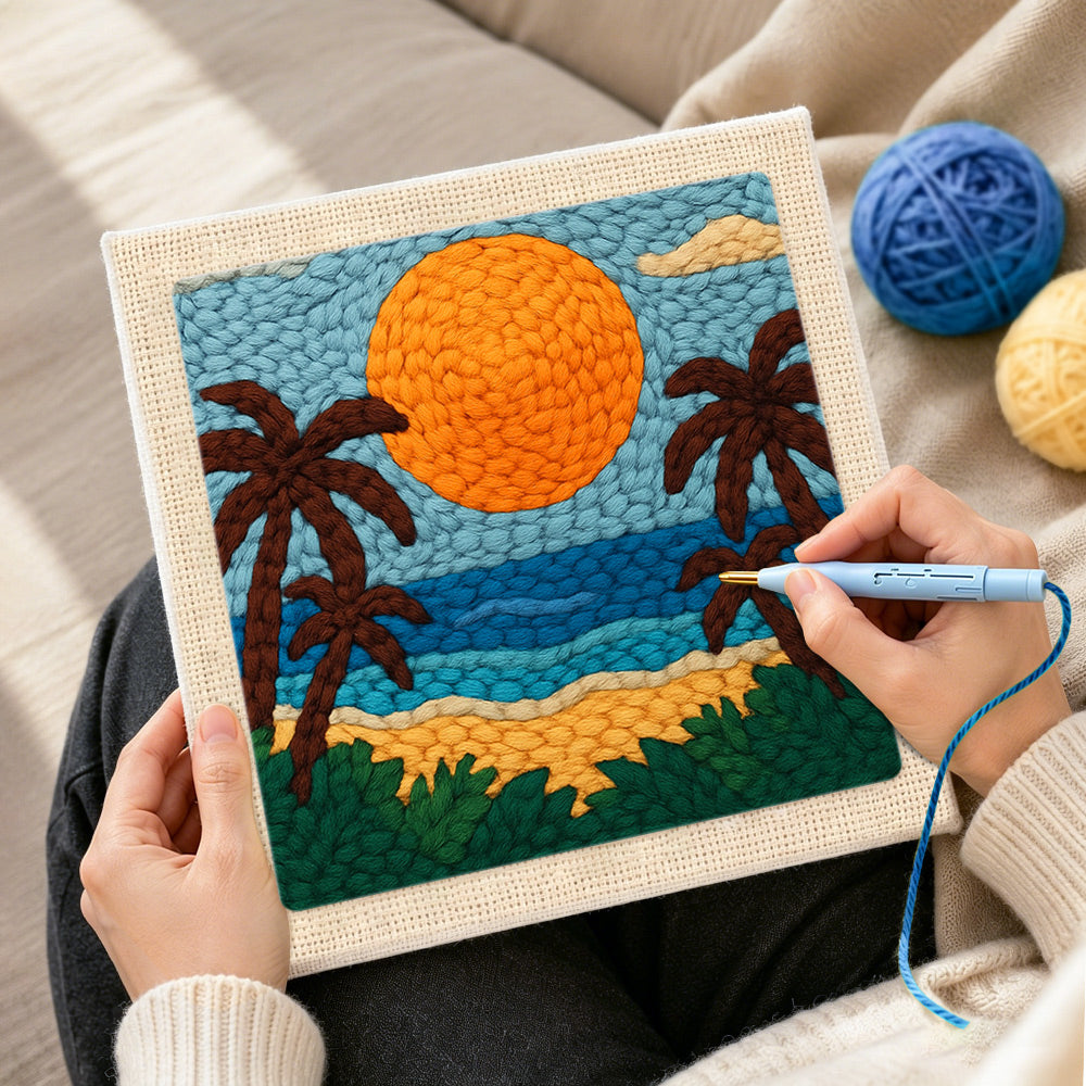 Creating handmade tropical beach sunset punch needle artwork