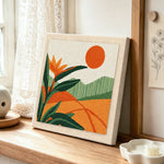 Tropical bird of paradise punch needle artwork displayed on a table