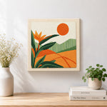 Finished tropical bird of paradise artwork displayed on a wall