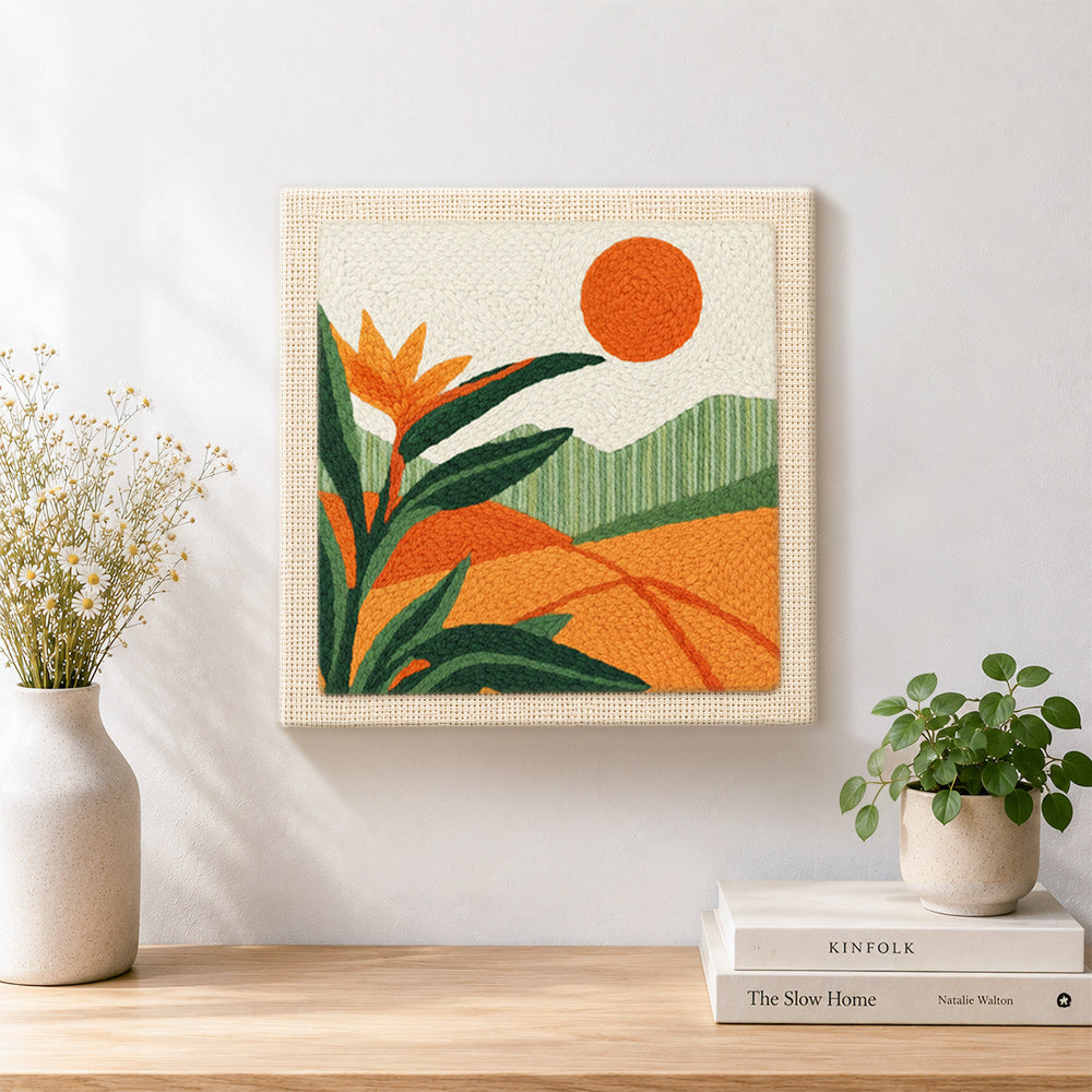 Finished tropical bird of paradise artwork displayed on a wall