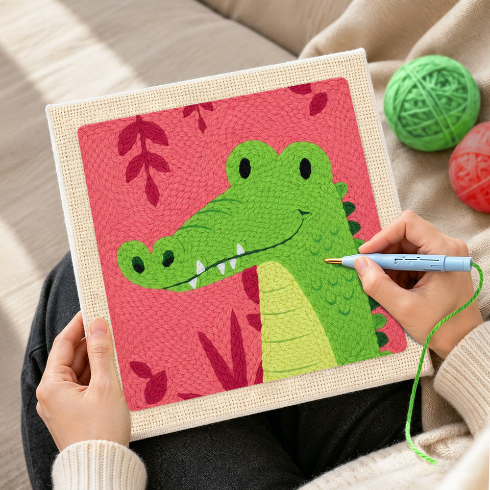 Creating handmade tropical green crocodile punch needle artwork