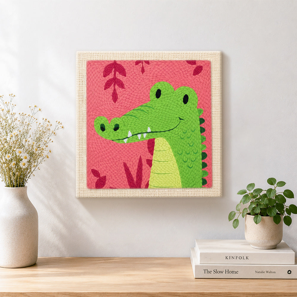 Finished tropical green crocodile artwork displayed on a wall