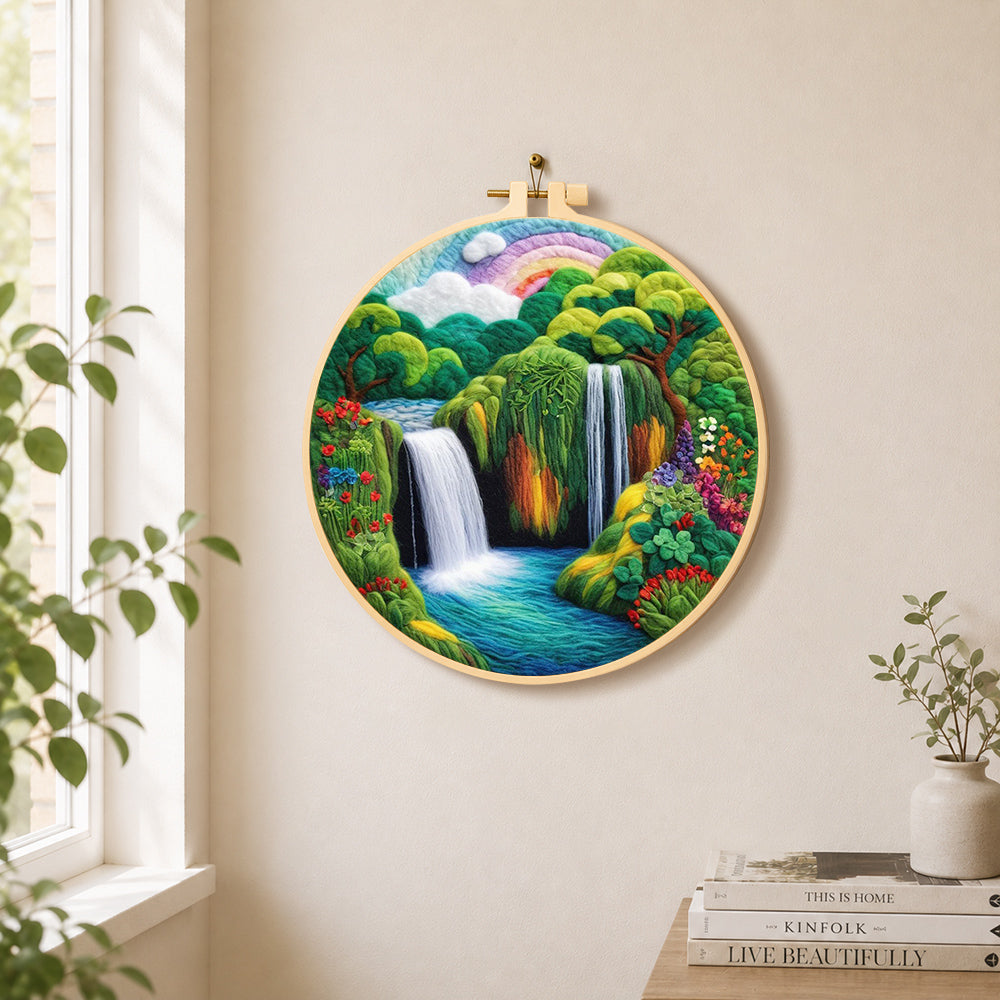 Tropical jungle scenery with lush waterfall needle felt wall art displayed in a bright home interior