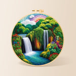 Tropical jungle scenery with lush waterfall needle felting kit for beginners with a round wooden frame