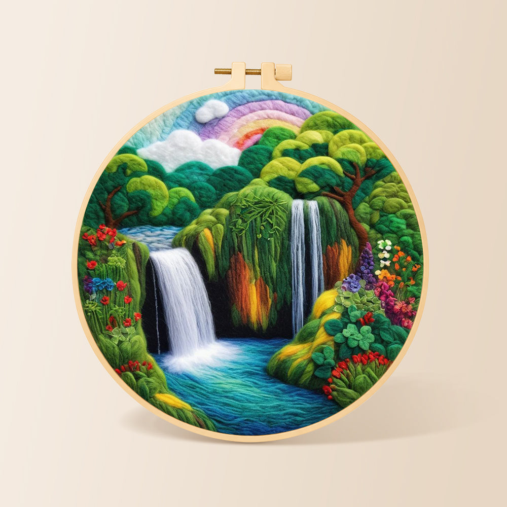 Tropical jungle scenery with lush waterfall needle felting kit for beginners with a round wooden frame