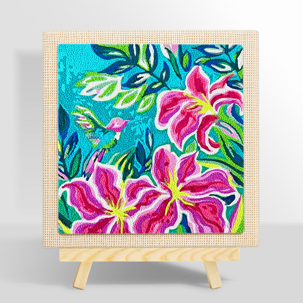 Tropical lily flowers and hummingbird punch needle kit for beginners