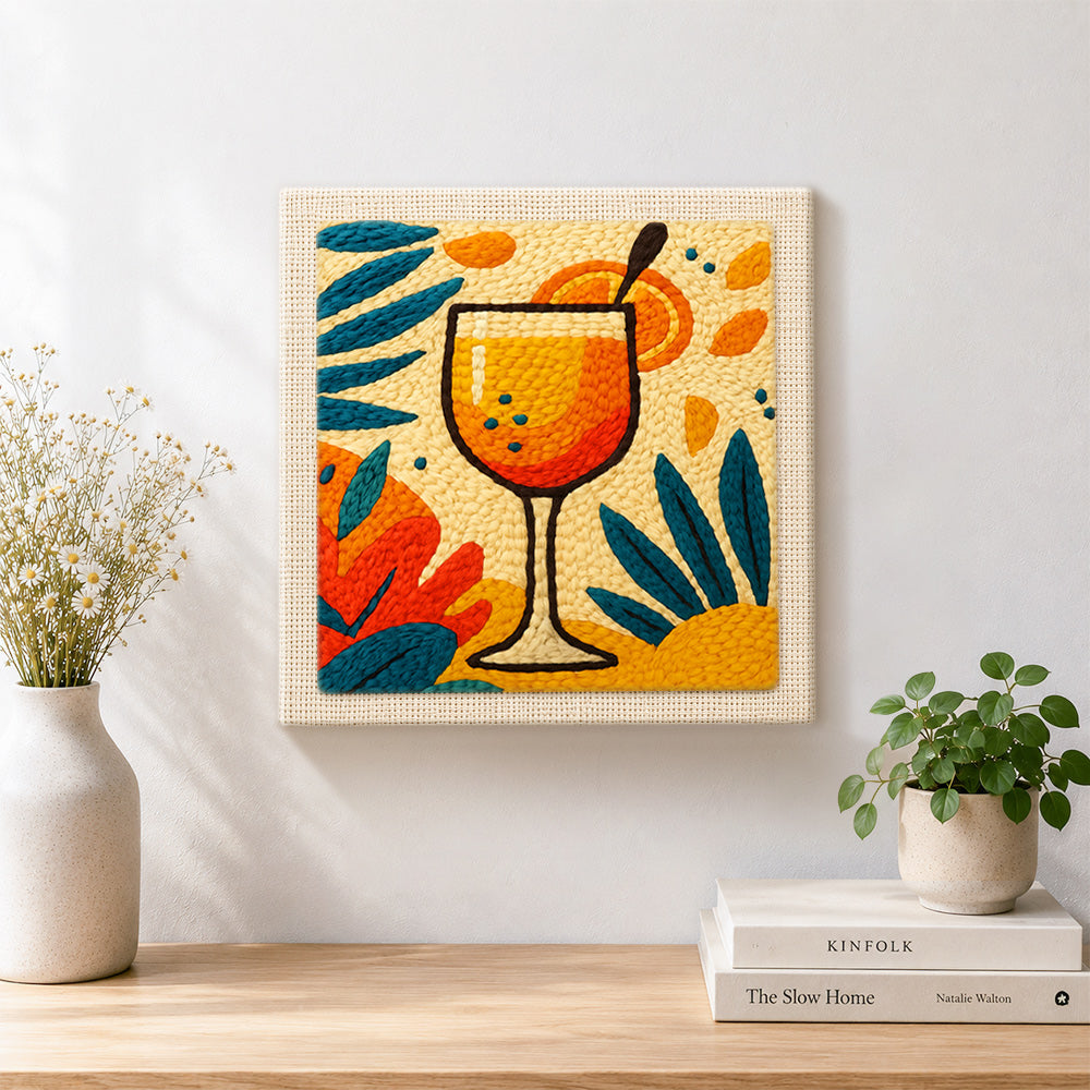 Finished tropical orange cocktail artwork displayed on a wall