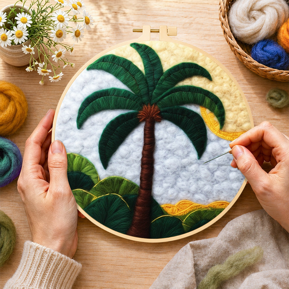 Creating the tropical palm tree wool painting by hand with a felting needle