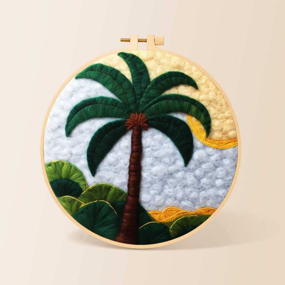 Tropical palm tree needle felting kit for beginners with a round wooden frame