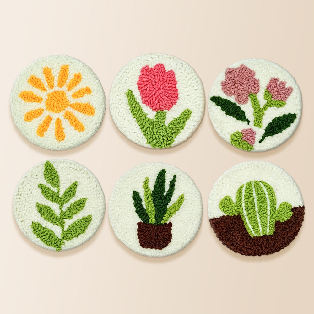 Tulip, cactus and sun punch needle coaster kit finished handmade coasters