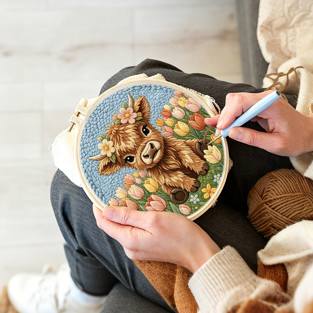 Creating handmade tulip flower highland cow punch needle artwork