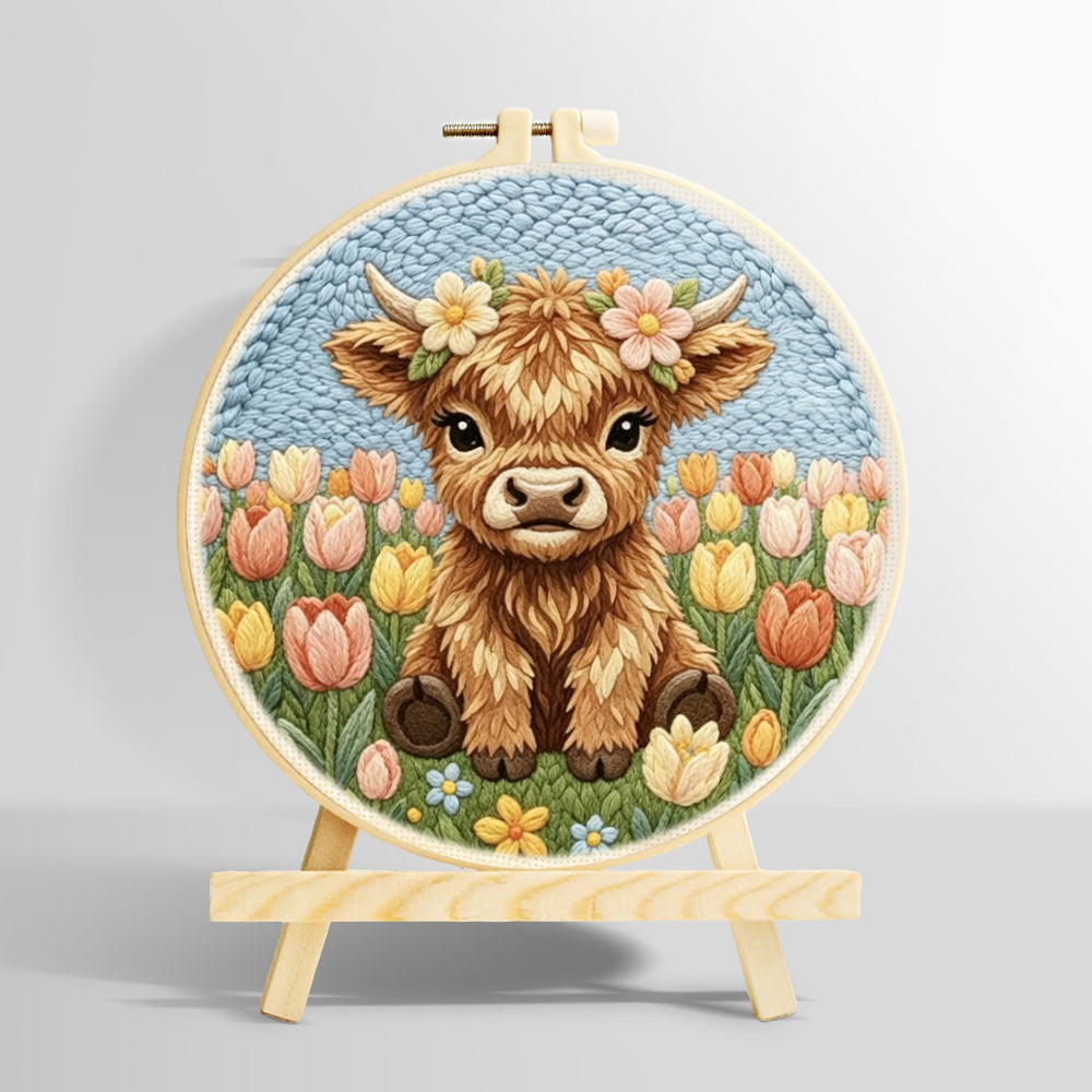 Tulip flower highland cow punch needle kit for beginners