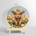 Tulip flower highland cow punch needle kit for beginners