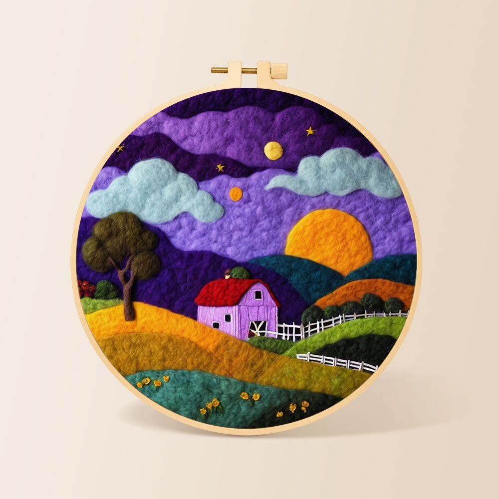 Twilight purple farmhouse needle felting kit for beginners with a round wooden frame