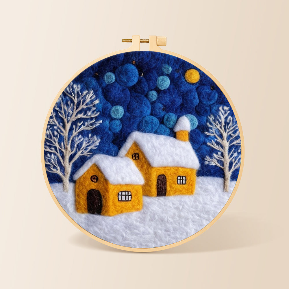 Twin yellow cottages under the starry sky needle felting kit for beginners with a round wooden frame