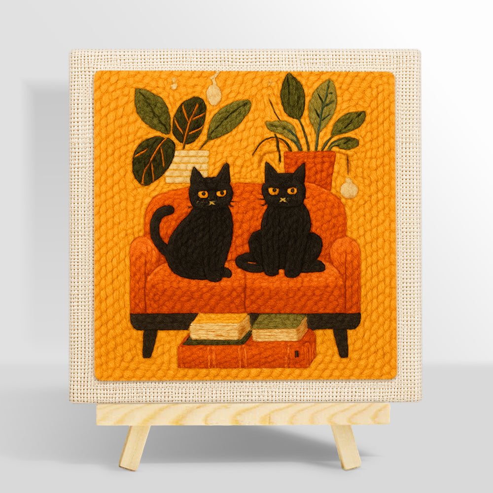 Two black cats on a sofa punch needle kit for beginners
