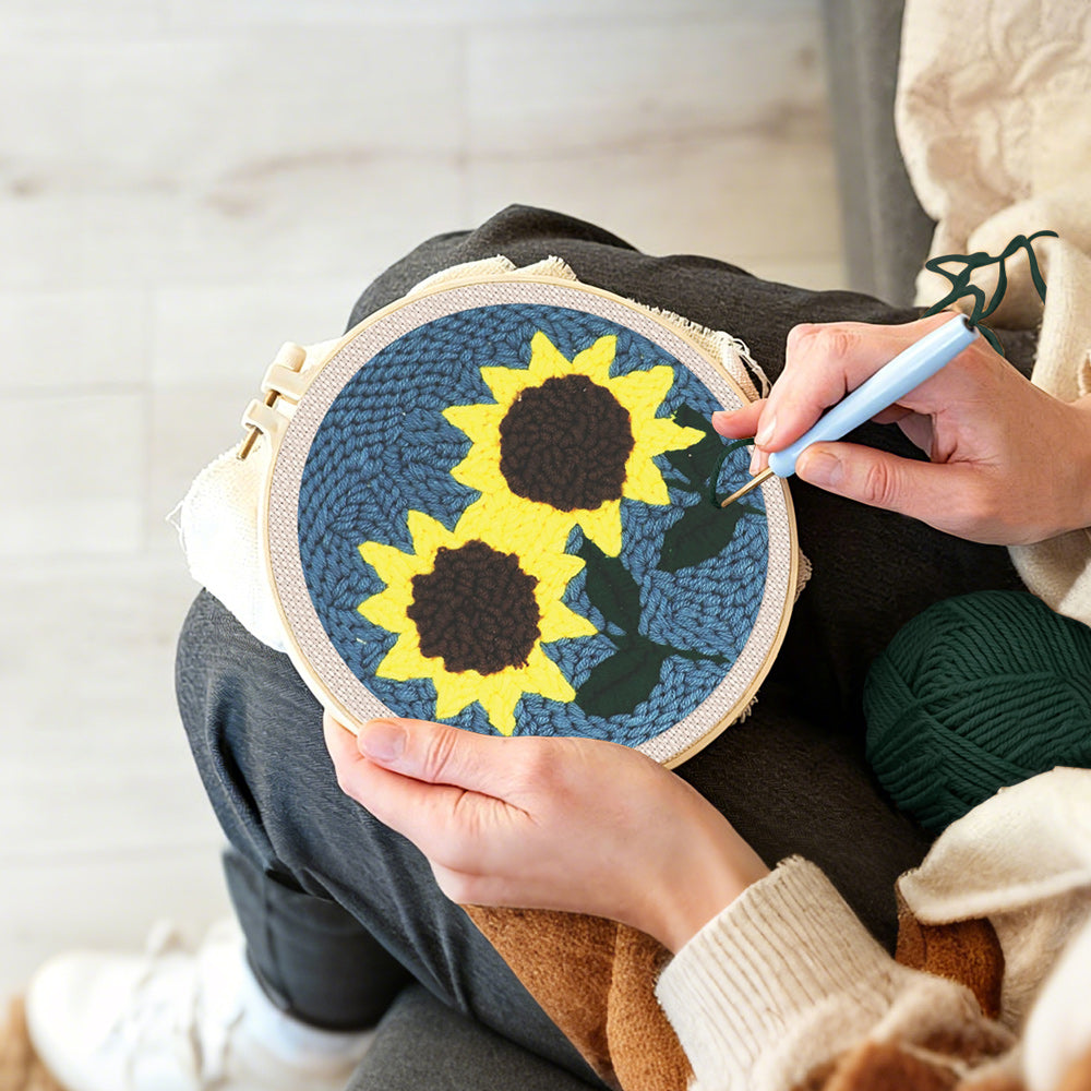 Creating handmade two bright sunflowers punch needle artwork