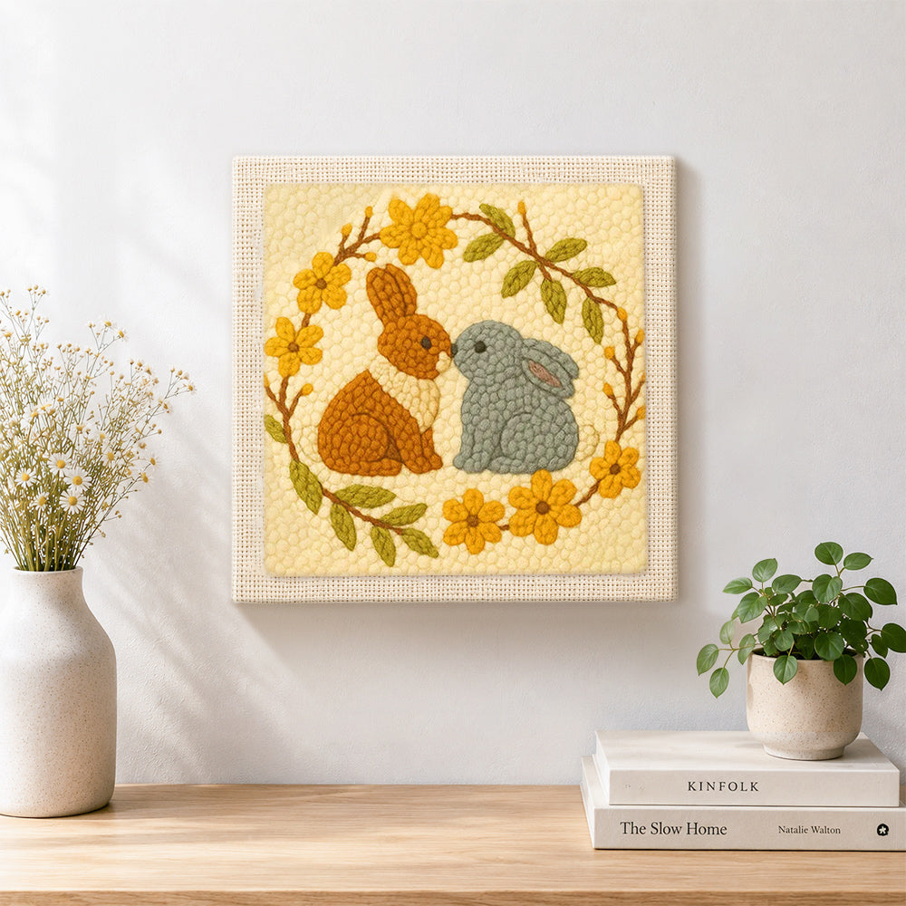 Finished two bunnies kissing artwork displayed on a wall