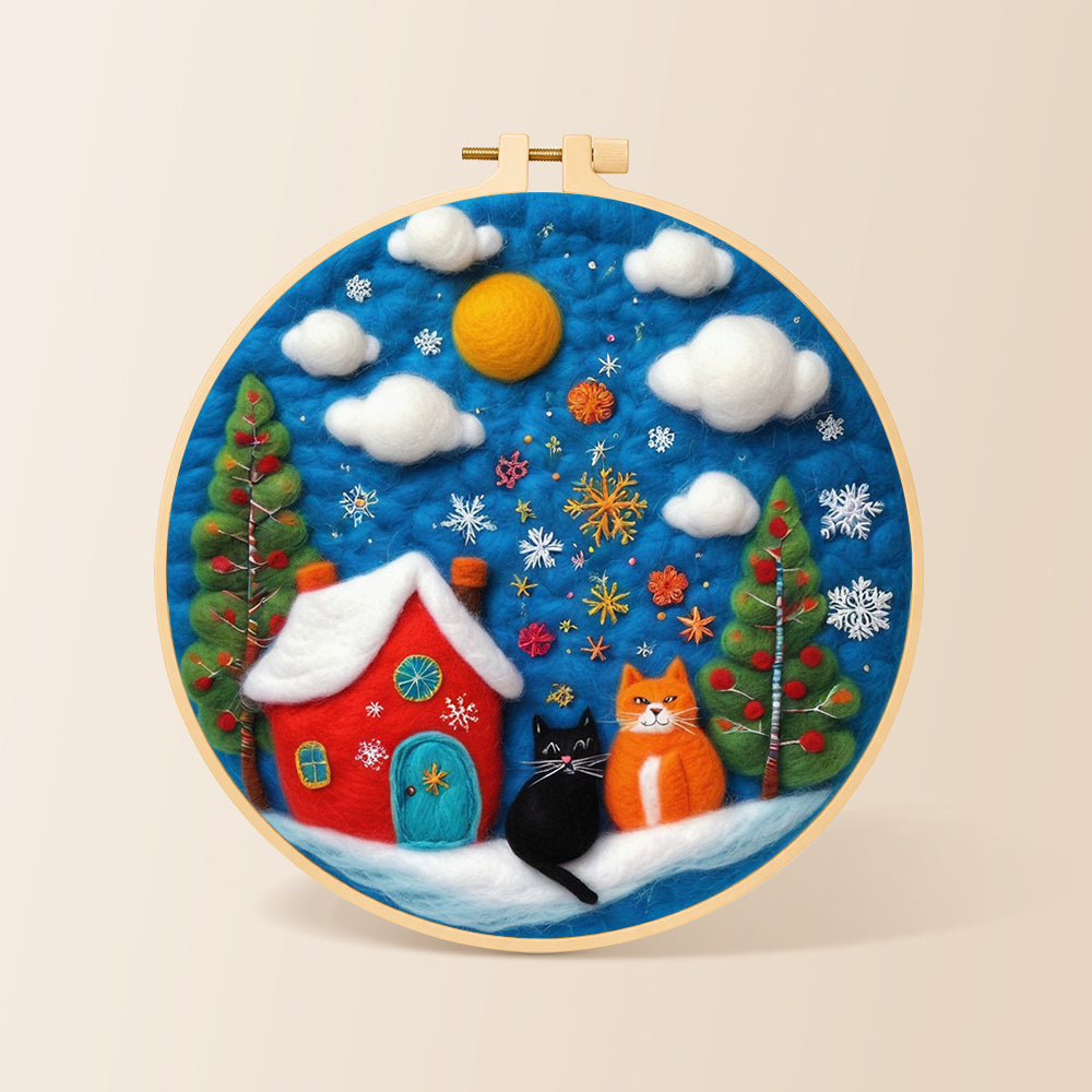 Two christmas cats with red house needle felting kit for beginners with a round wooden frame