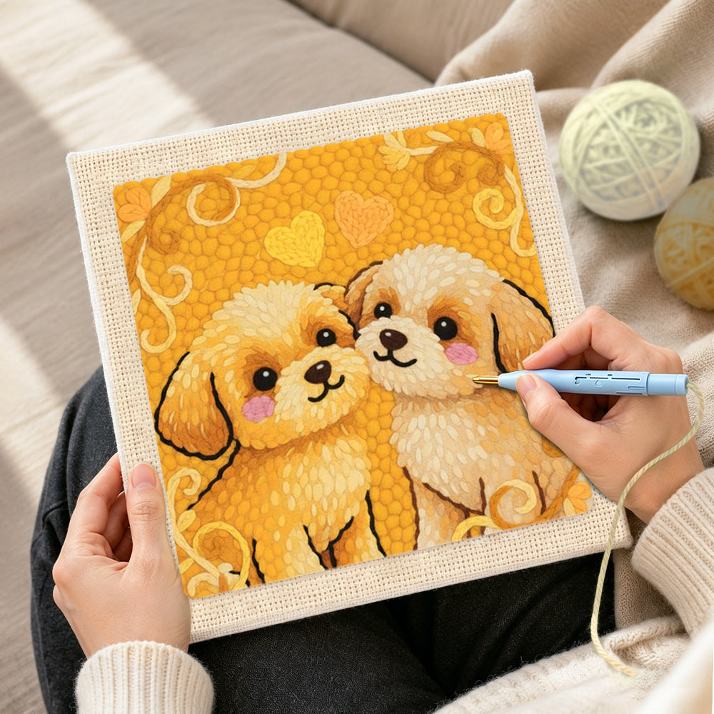 Creating handmade two cuddly puppies punch needle artwork