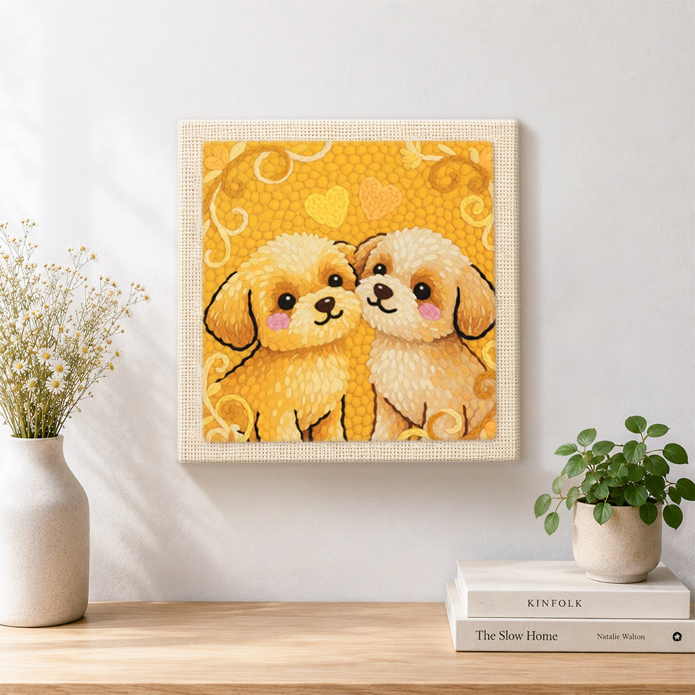 Finished two cuddly puppies artwork displayed on a wall