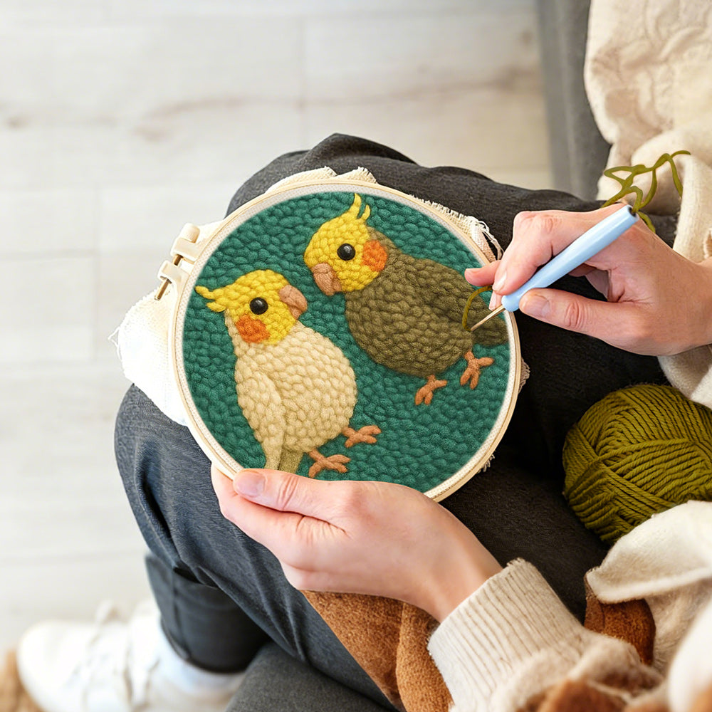 Creating handmade two cute parrots punch needle artwork