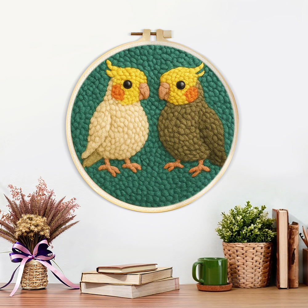 Finished two cute parrots artwork displayed on a wall