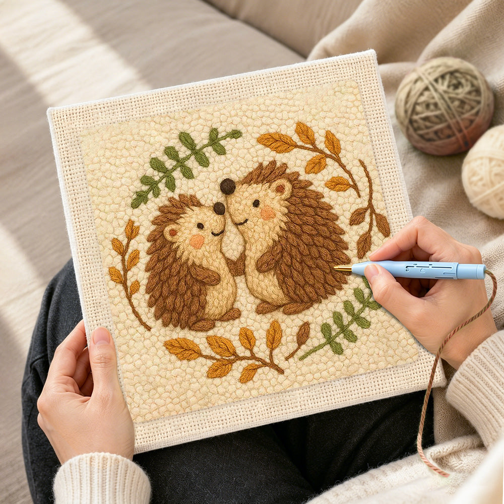 Creating handmade two hedgehogs in love punch needle artwork