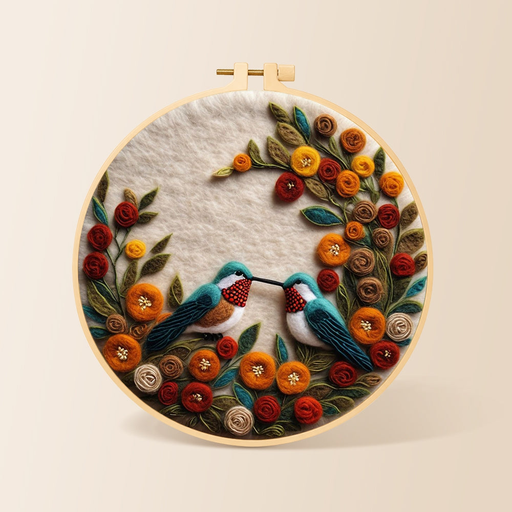 Two hummingbirds with romantic floral wreath needle felting kit for beginners with a round wooden frame
