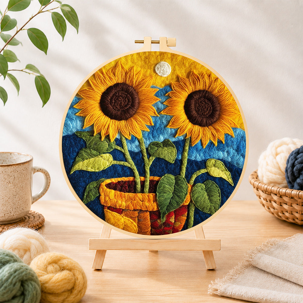 Finished two potted sunflowers needle felting displayed on a wooden easel