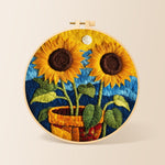 Two potted sunflowers needle felting kit for beginners with a round wooden frame