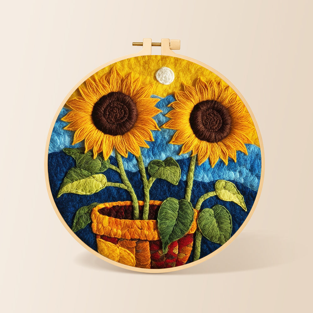 Two potted sunflowers needle felting kit for beginners with a round wooden frame