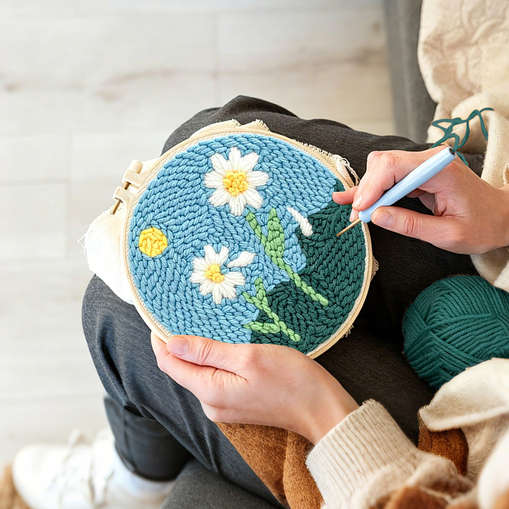 Creating handmade two pure daisies punch needle artwork
