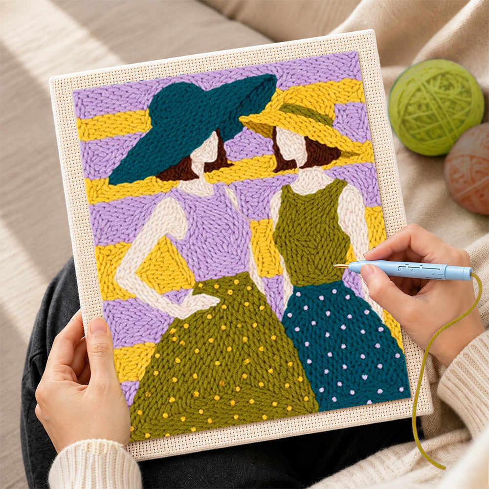 Creating handmade two women in sun hats punch needle artwork