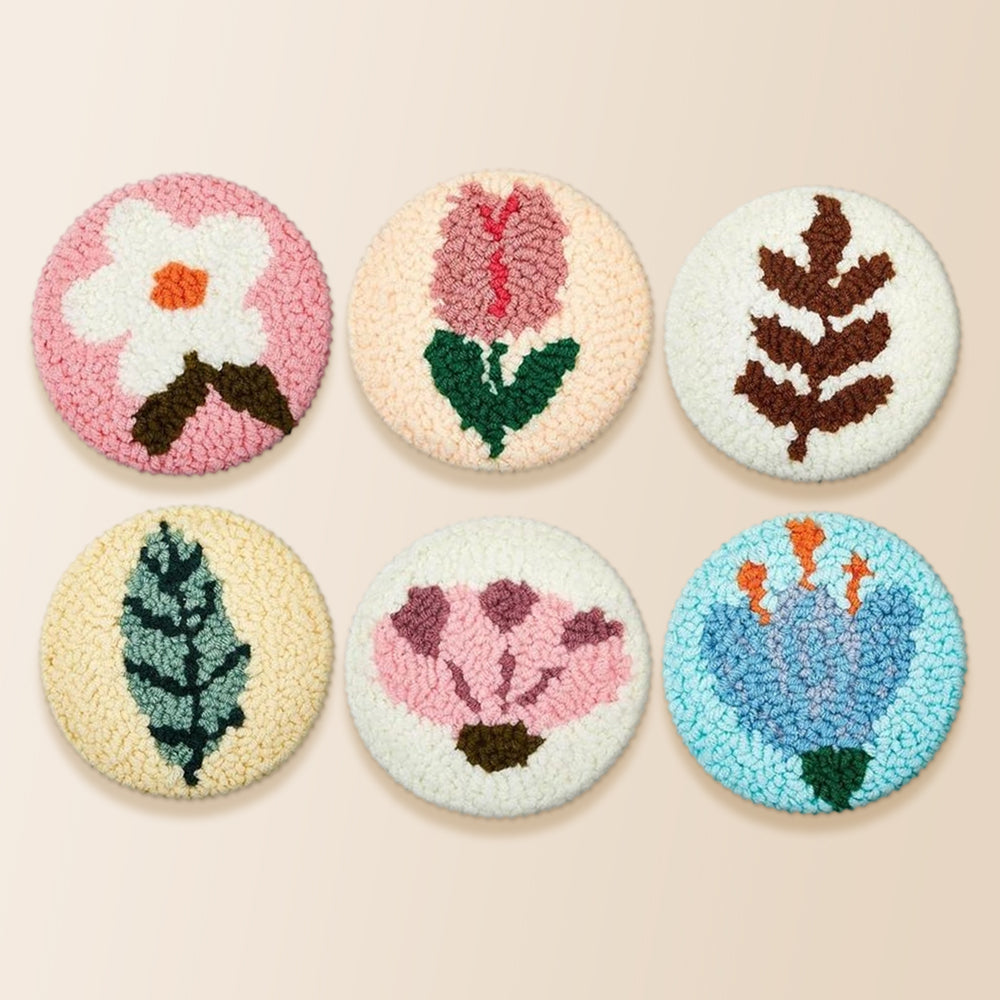 Unique blue flower and fern leaf punch needle coaster kit finished handmade coasters