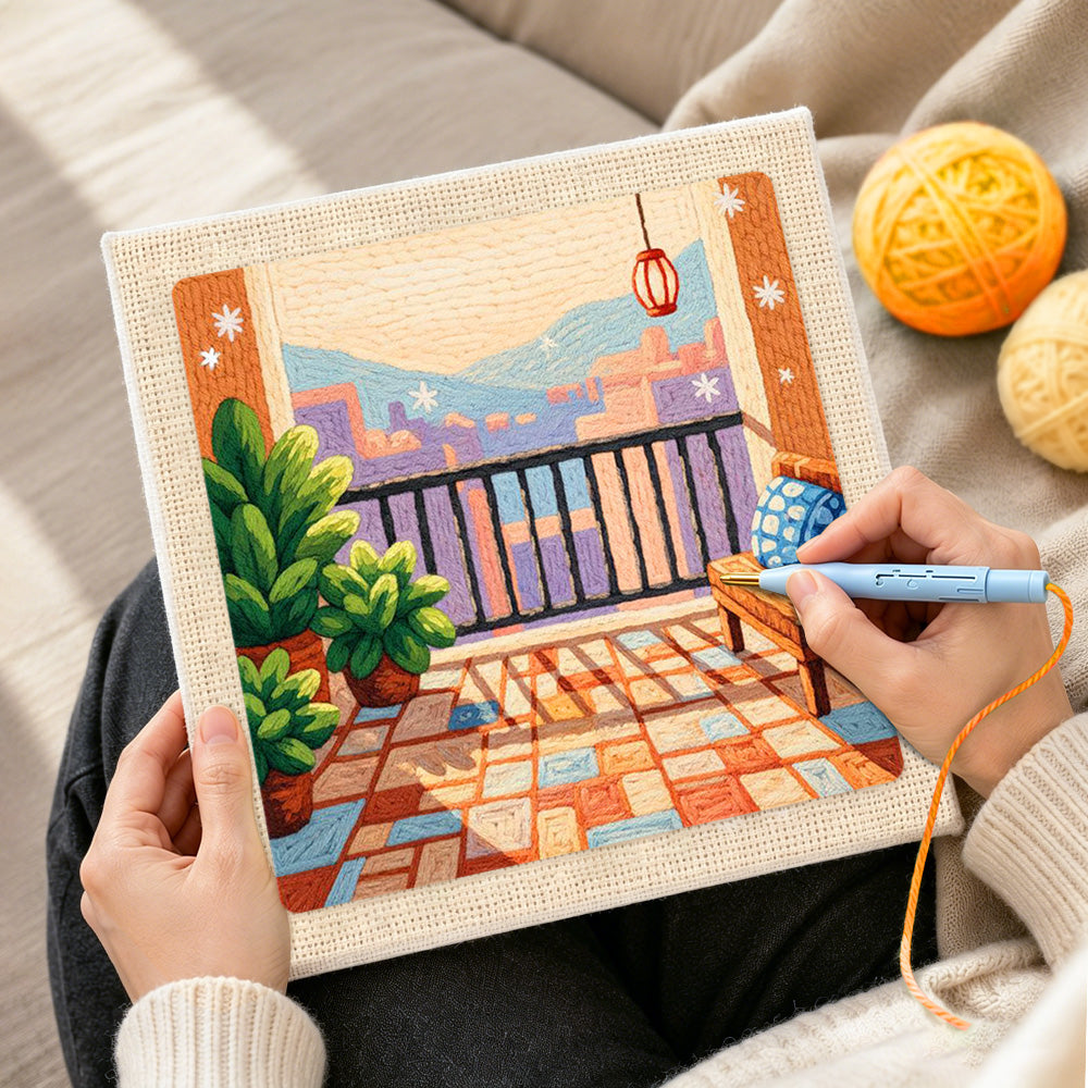 Creating handmade urban balcony and potted plants punch needle artwork