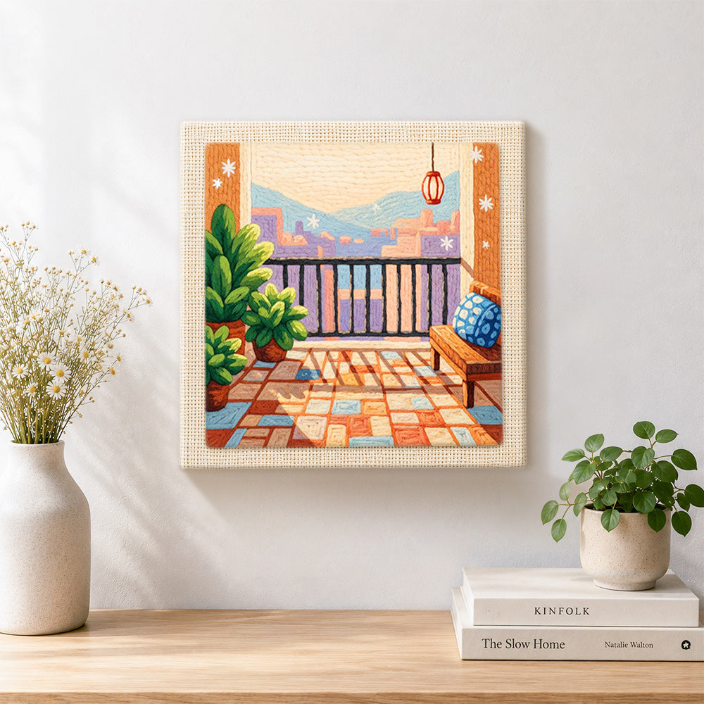 Finished urban balcony and potted plants artwork displayed on a wall