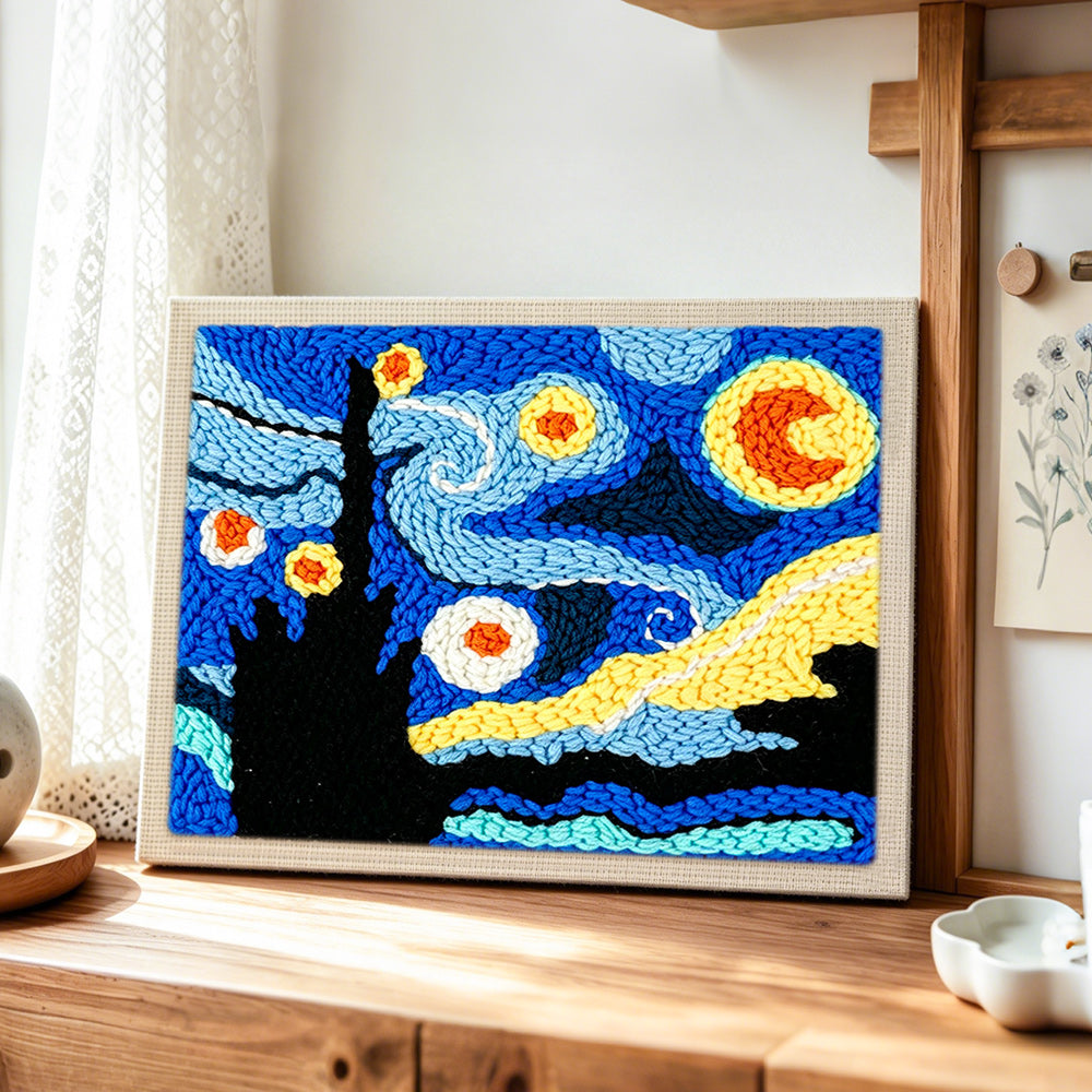 Van Gogh starry night punch needle artwork displayed on a table